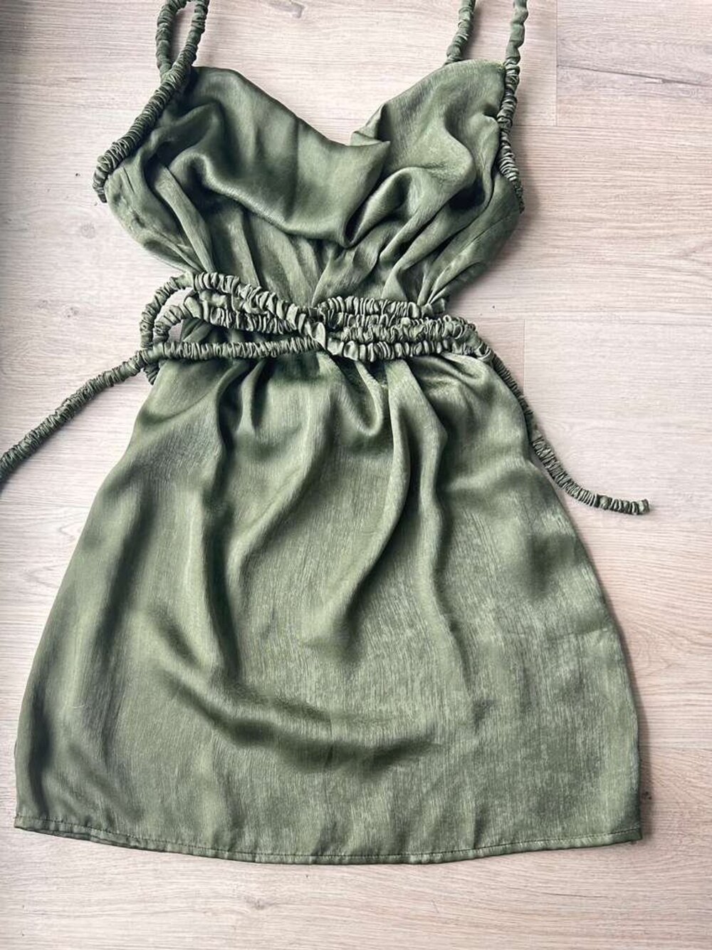 Olive Green Satin Mini Dress | Ruched Strappy Party Dress | Size 38